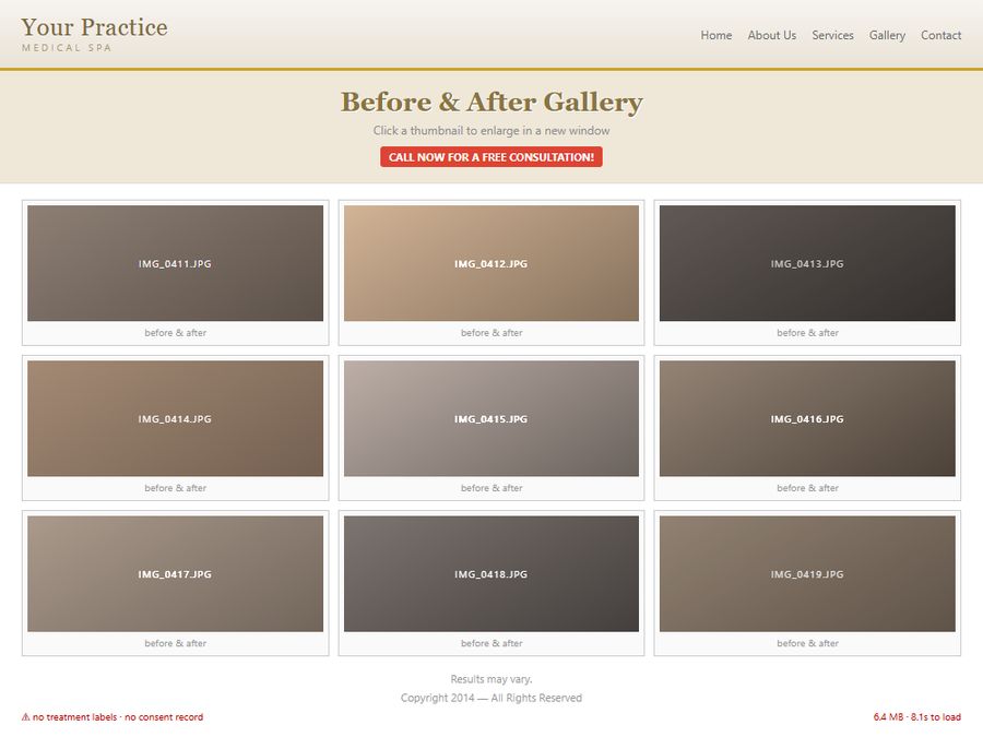 A dated results gallery: unlabelled JPEG thumbnails in mismatched lighting, a red call-now banner, no consent record, 6.4 MB and 8.1 seconds to load.